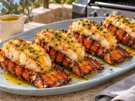 Grilled lobster tails topped with golden saffron-citrus butter and chopped chives.