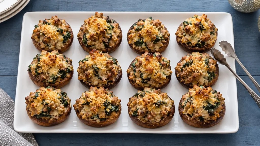 Grilled cremini mushrooms filled with sausage, spinach, Parmesan, and breadcrumbs.