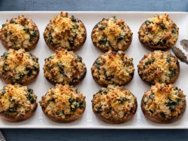 Grilled cremini mushrooms filled with sausage, spinach, Parmesan, and breadcrumbs.