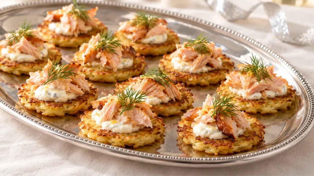 Potato blini topped with hot-smoked trout, lemon creme fraiche, and dill.
