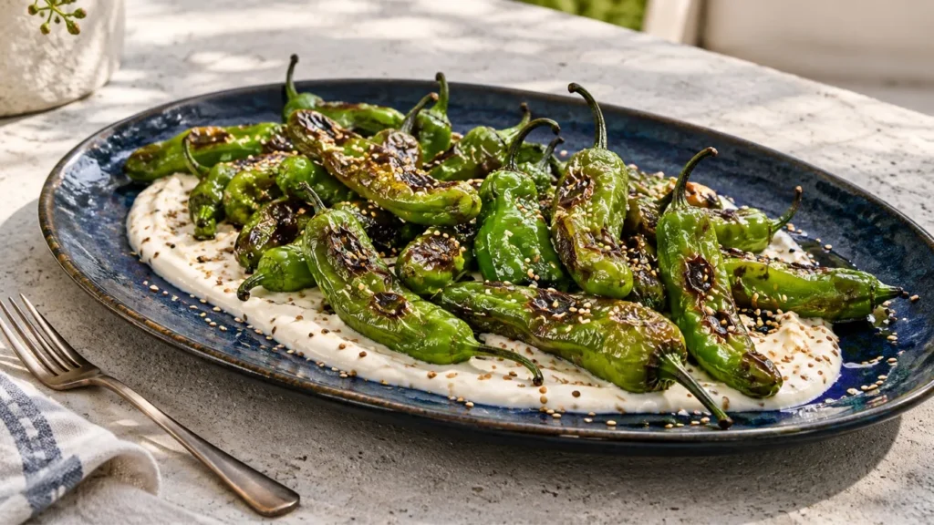 Blistered shishito peppers with sesame-lime yogurt and toasted sesame seeds.