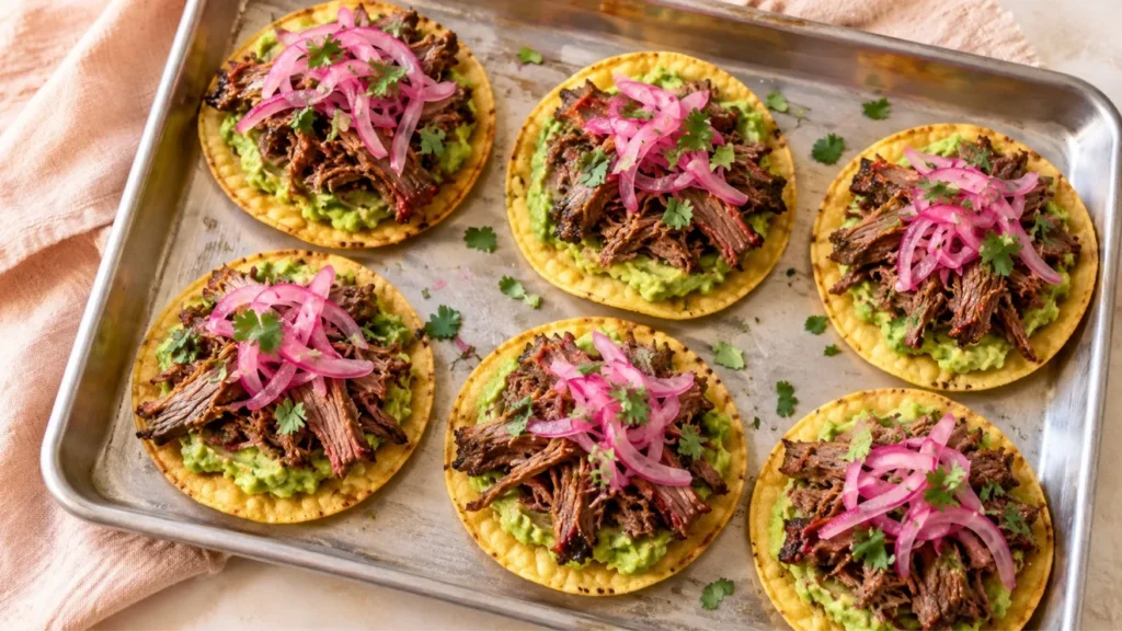 Mini tostadas topped with smoked shredded chuck roast, avocado, pickled red onion, and cilantro.