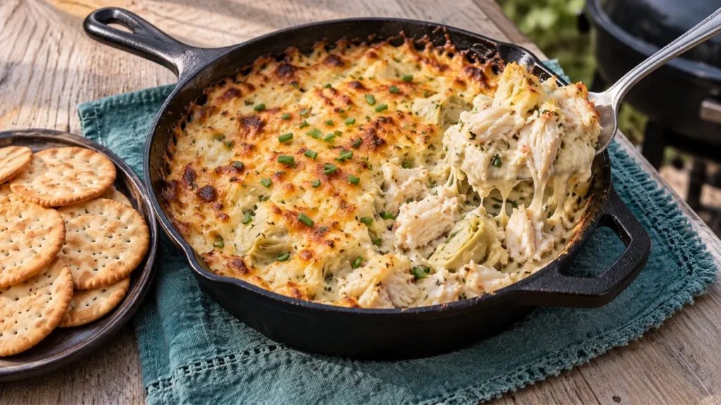 Smoked crab and artichoke dip with melted cheese and chives in a cast-iron skillet.
