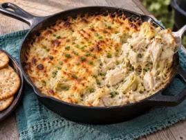 Smoked crab and artichoke dip with melted cheese and chives in a cast-iron skillet.
