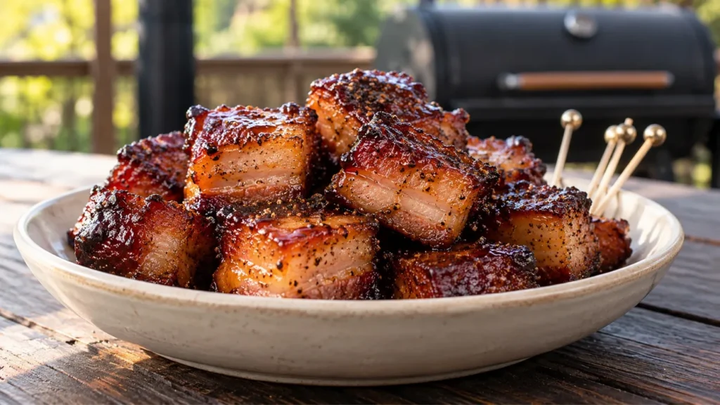 Smoked pork belly bites coated in pineapple and black pepper glaze.