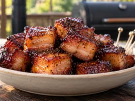Smoked pork belly bites coated in pineapple and black pepper glaze.