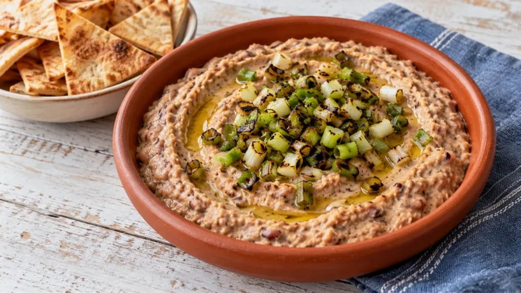 Creamy pink-eyed pea dip topped with charred scallions and served with pita chips.
