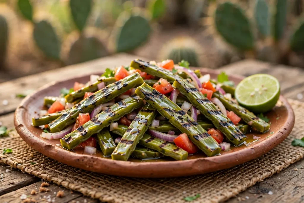 Nopales asados, grilled cactus paddles with tomato, onion, and cilantro.