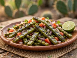 Nopales asados, grilled cactus paddles with tomato, onion, and cilantro.