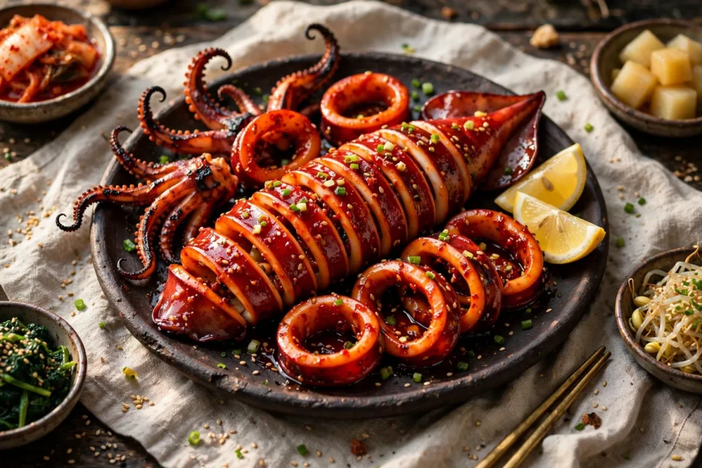 Ojingeo gui, Korean spicy grilled squid, with a gochujang glaze.