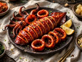 Ojingeo gui, Korean spicy grilled squid, with a gochujang glaze.