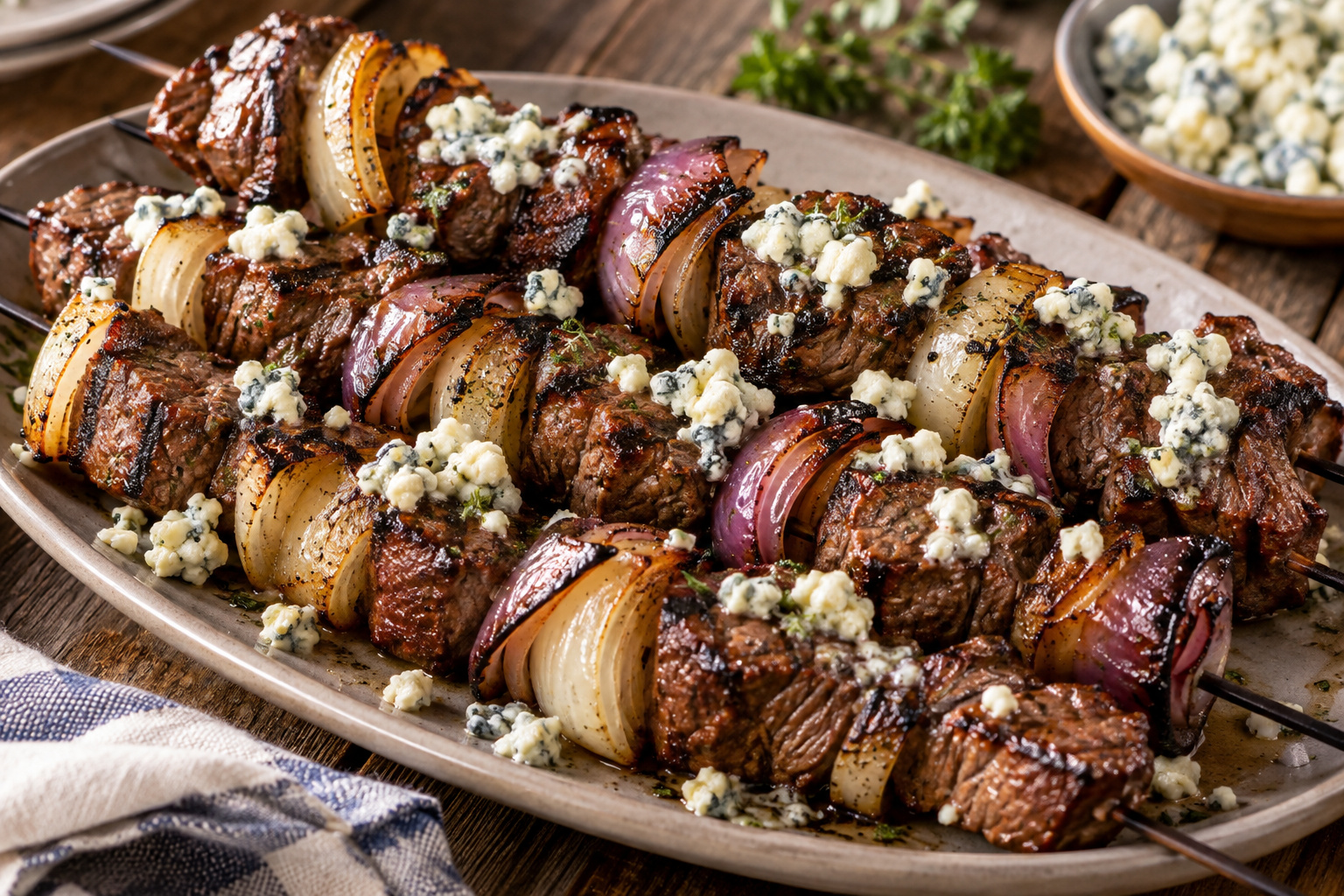 Onion Lover’s Grilled Steak Kabobs with Crumbled Blue Cheese