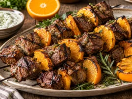 Lamb and orange kabobs threaded on skewers for the grill.