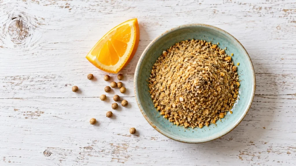 Orange coriander turkey rub in a blue bowl with an orange wedge and coriander seeds