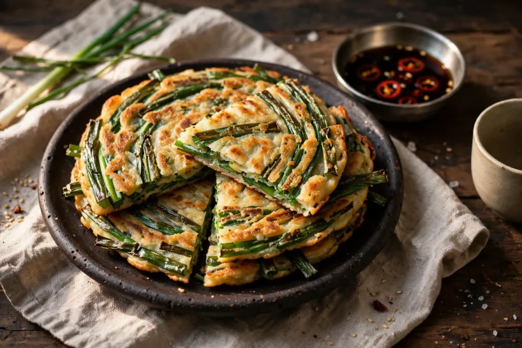 Pajeon, Korean scallion pancakes, with a soy-vinegar dipping sauce.