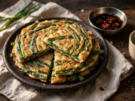 Pajeon, Korean scallion pancakes, with a soy-vinegar dipping sauce.
