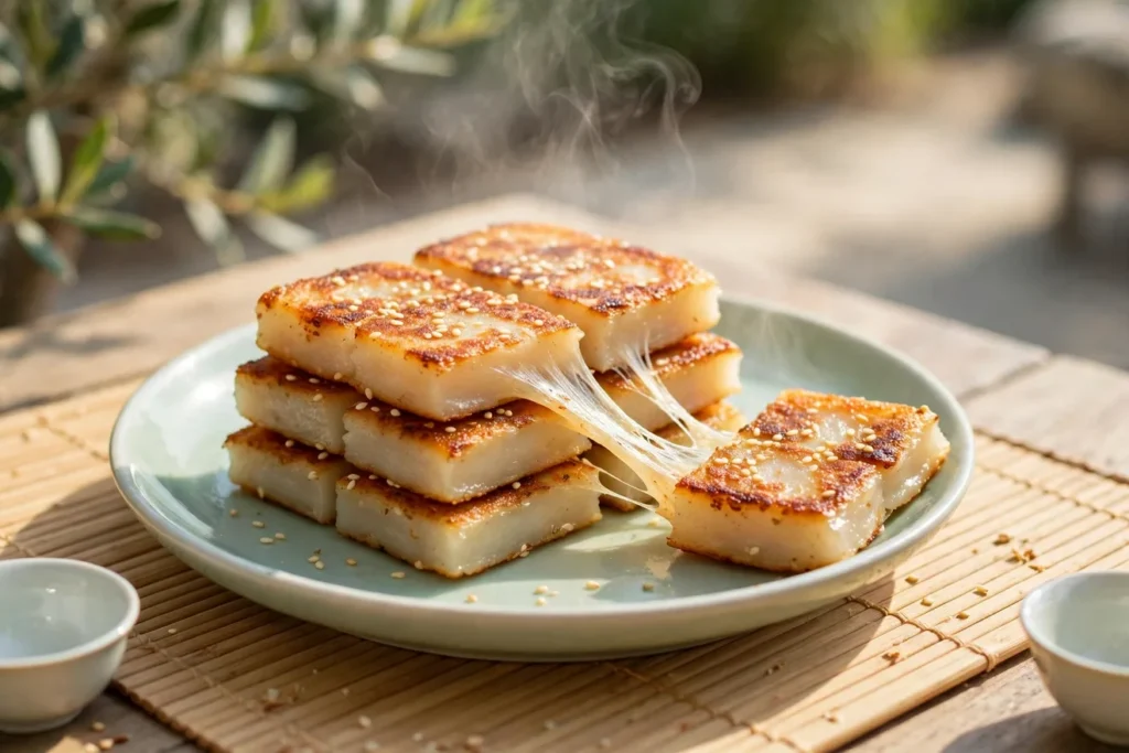 Pan-fried nian gao, sweet rice cake, crisped on the griddle with sesame.