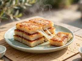 Pan-fried nian gao, sweet rice cake, crisped on the griddle with sesame.