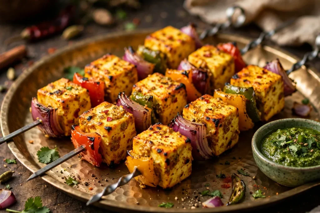 Paneer tikka skewers with bell peppers and red onion.