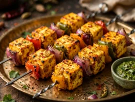 Paneer tikka skewers with bell peppers and red onion.