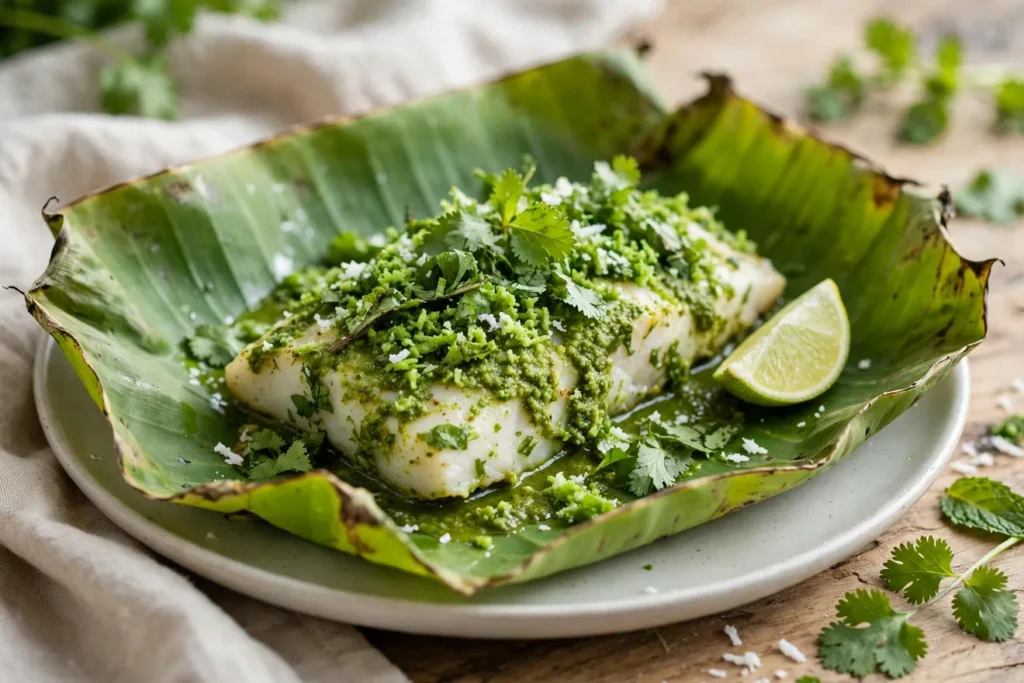 Fish in a banana leaf with green coconut, cilantro, and mint chutney.