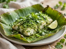 Fish in a banana leaf with green coconut, cilantro, and mint chutney.