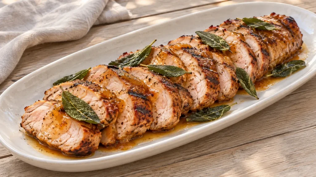 Sliced grilled pork tenderloin with peach butter glaze and crispy sage.