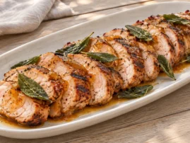 Sliced grilled pork tenderloin with peach butter glaze and crispy sage.