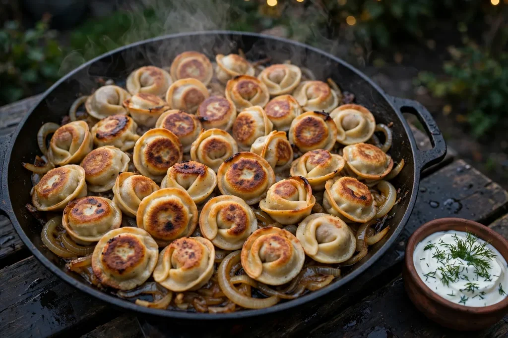 Pelmeni on the grill, crisped dumplings with onions, sour cream, and dill.