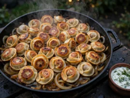 Pelmeni on the grill, crisped dumplings with onions, sour cream, and dill.