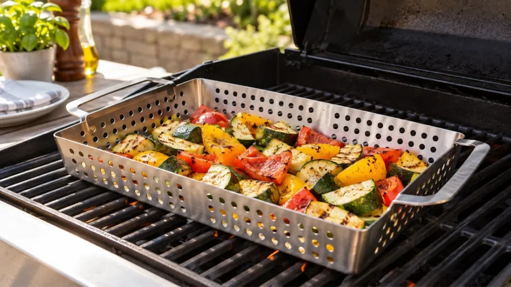 Perforated stainless grill basket full of grilled zucchini and peppers cooking on the grate