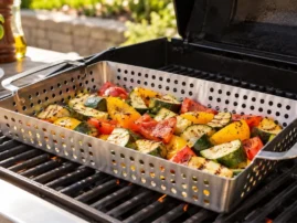 Perforated stainless grill basket full of grilled zucchini and peppers cooking on the grate