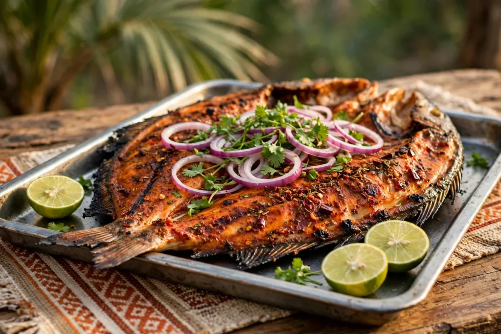 Pescado zarandeado, a whole butterflied grilled fish with chile adobo.