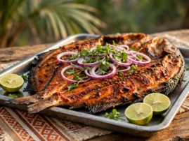 Pescado zarandeado, a whole butterflied grilled fish with chile adobo.