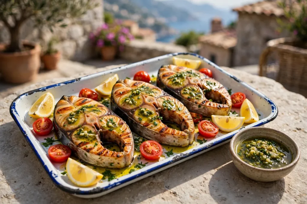 Pesce spada alla griglia, grilled swordfish with salmoriglio, lemon, and tomatoes.