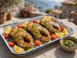 Pesce spada alla griglia, grilled swordfish with salmoriglio, lemon, and tomatoes.