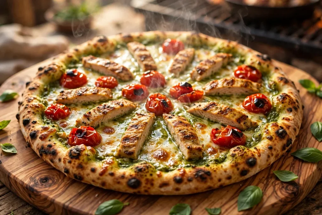 Pesto chicken pizza with sliced grilled chicken and blistered cherry tomatoes.