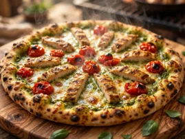 Pesto chicken pizza with sliced grilled chicken and blistered cherry tomatoes.