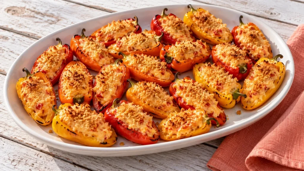 Grilled mini peppers filled with pimento cheese and toasted breadcrumbs.