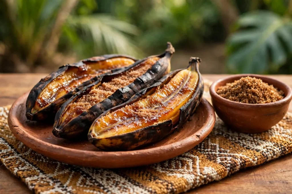 Plátanos asados, grilled plantains with brown sugar and cinnamon.