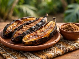 Plátanos asados, grilled plantains with brown sugar and cinnamon.