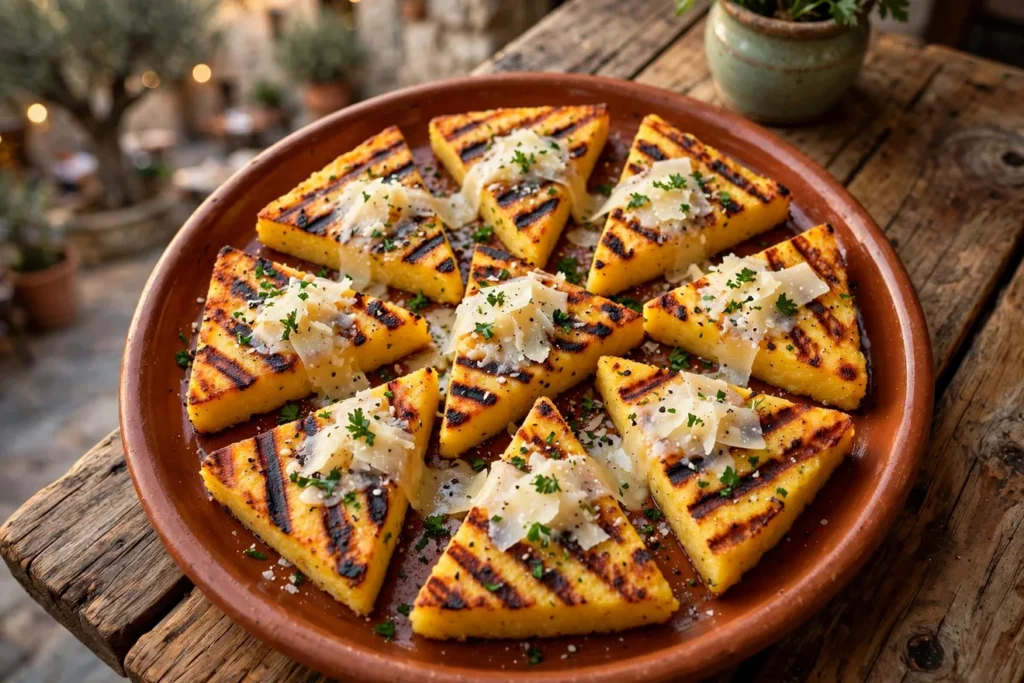 Polenta alla griglia, grilled polenta slices with Parmesan, crisp and golden.