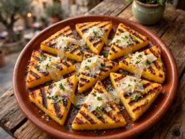 Polenta alla griglia, grilled polenta slices with Parmesan, crisp and golden.