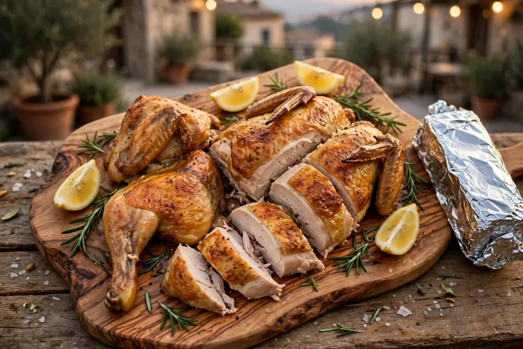Pollo al mattone, chicken grilled under a brick, with crisp skin, rosemary, and lemon.