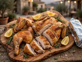 Pollo al mattone, chicken grilled under a brick, with crisp skin, rosemary, and lemon.