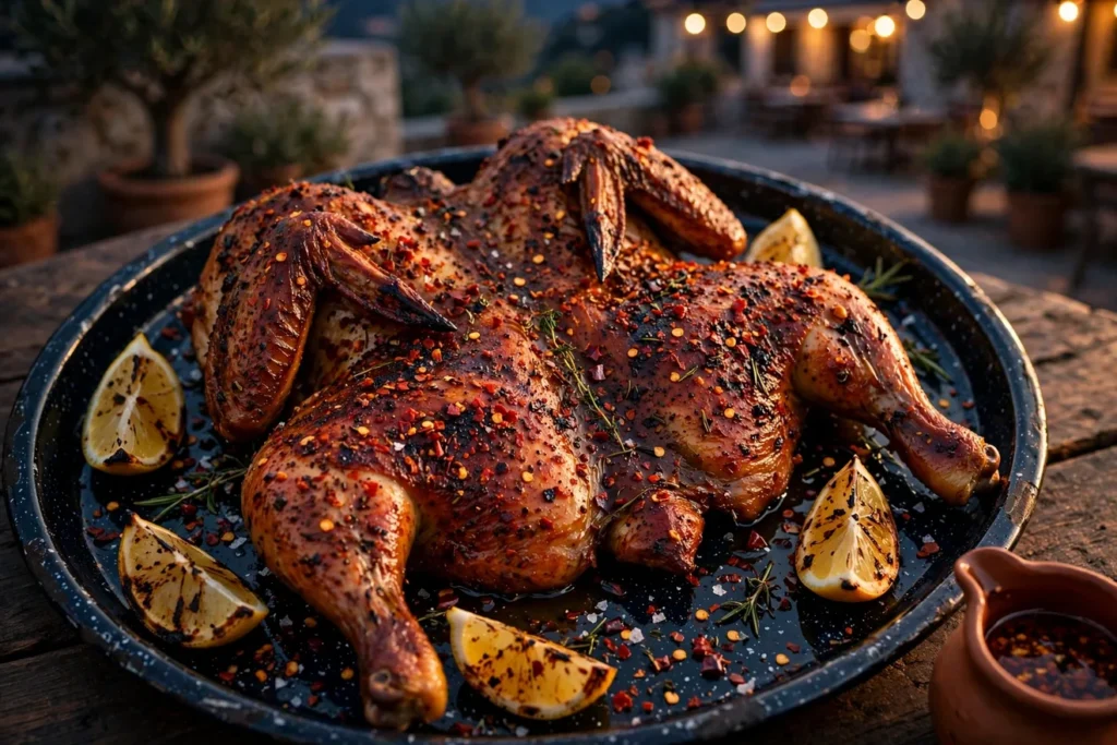 Pollo alla diavola, devil's-style grilled chicken with chile and lemon.