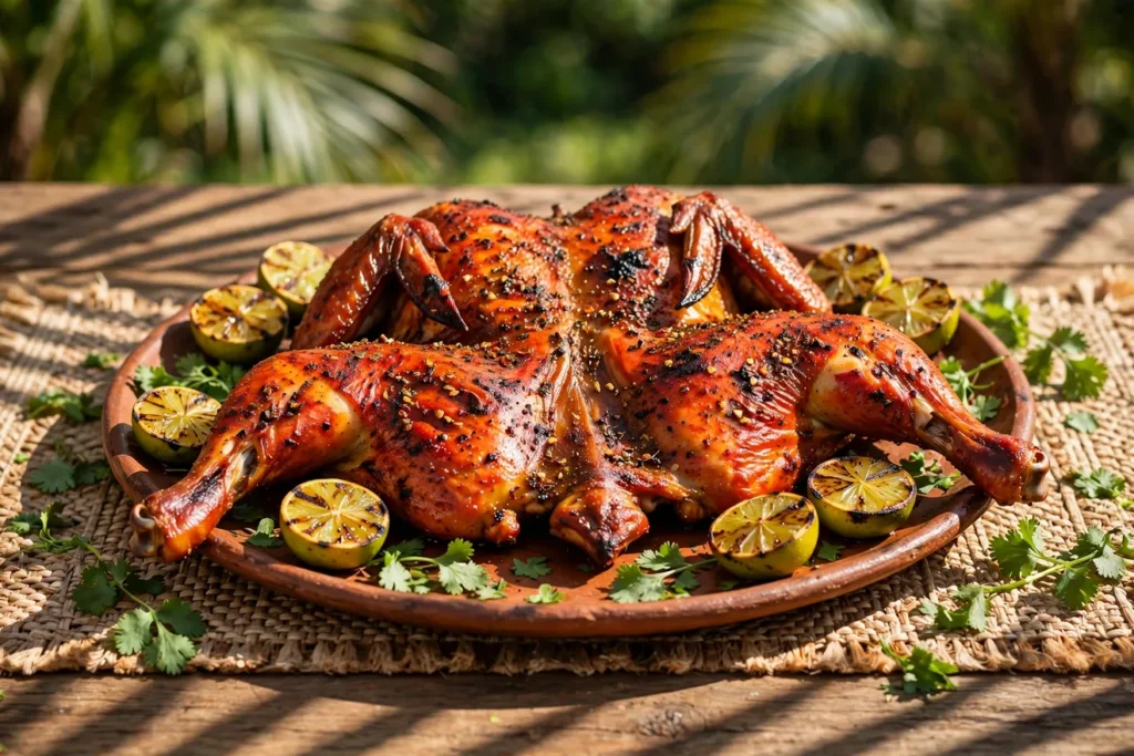 Pollo asado, a whole grilled chicken with achiote-citrus marinade.