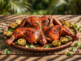 Pollo asado, a whole grilled chicken with achiote-citrus marinade.