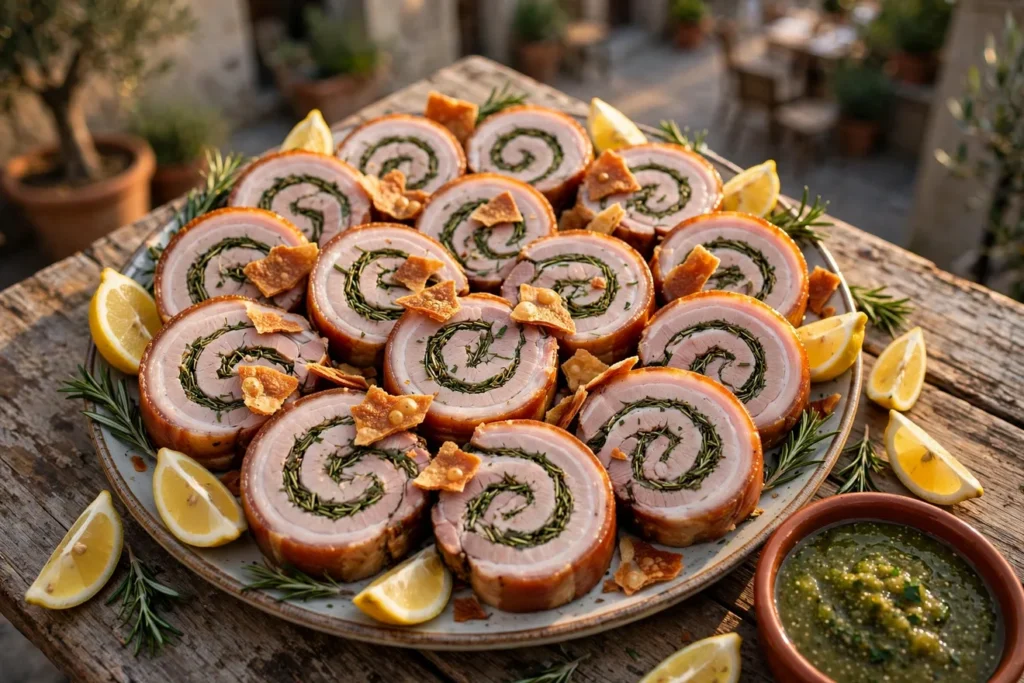 Porchetta, grill-roasted Italian pork roll, sliced with crisp skin and herbs.