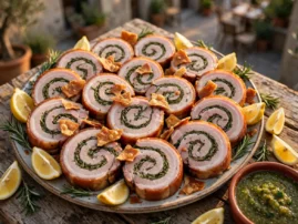 Porchetta, grill-roasted Italian pork roll, sliced with crisp skin and herbs.